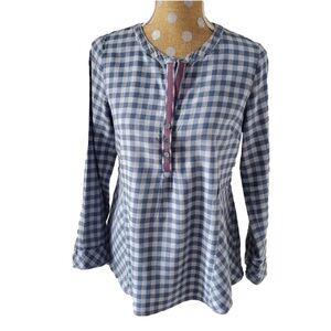 J. Jill Blue & Gray Gingham Top with Ribbon Trim Womens Medium Popover Pleat Hem